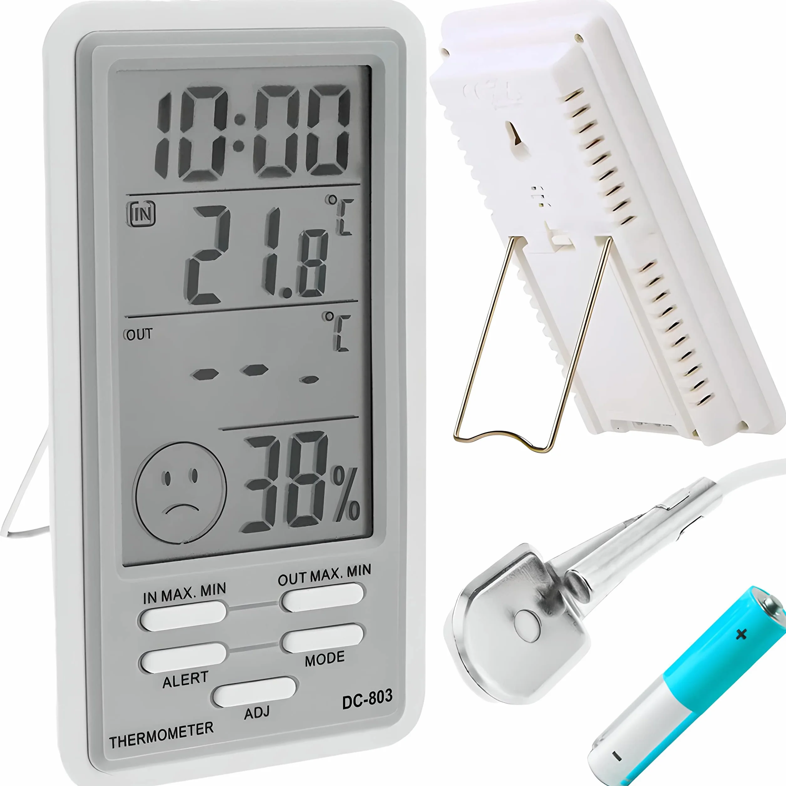 Retoo Termometr do użytku wewnątrz i na zewnątrz, cyfrowy termometr z sondą, wyświetlacz LCD, wyświetlanie godziny, higrometr, miernik wilgotności powietrza, precyzyjny czujnik temperatury