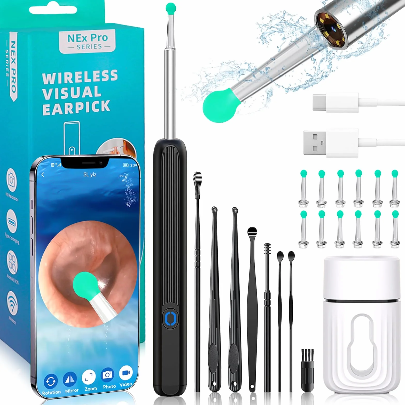 Endoskop uszny, WiFi, endoskop, otoskop, 1080P, IP67, wodoodporna kamera uszna HD z 6 diodami LED, otoskop, kompatybilna z ios i Androidem, dla iPhone, Android, iPad, dorosłych, dzieci, z