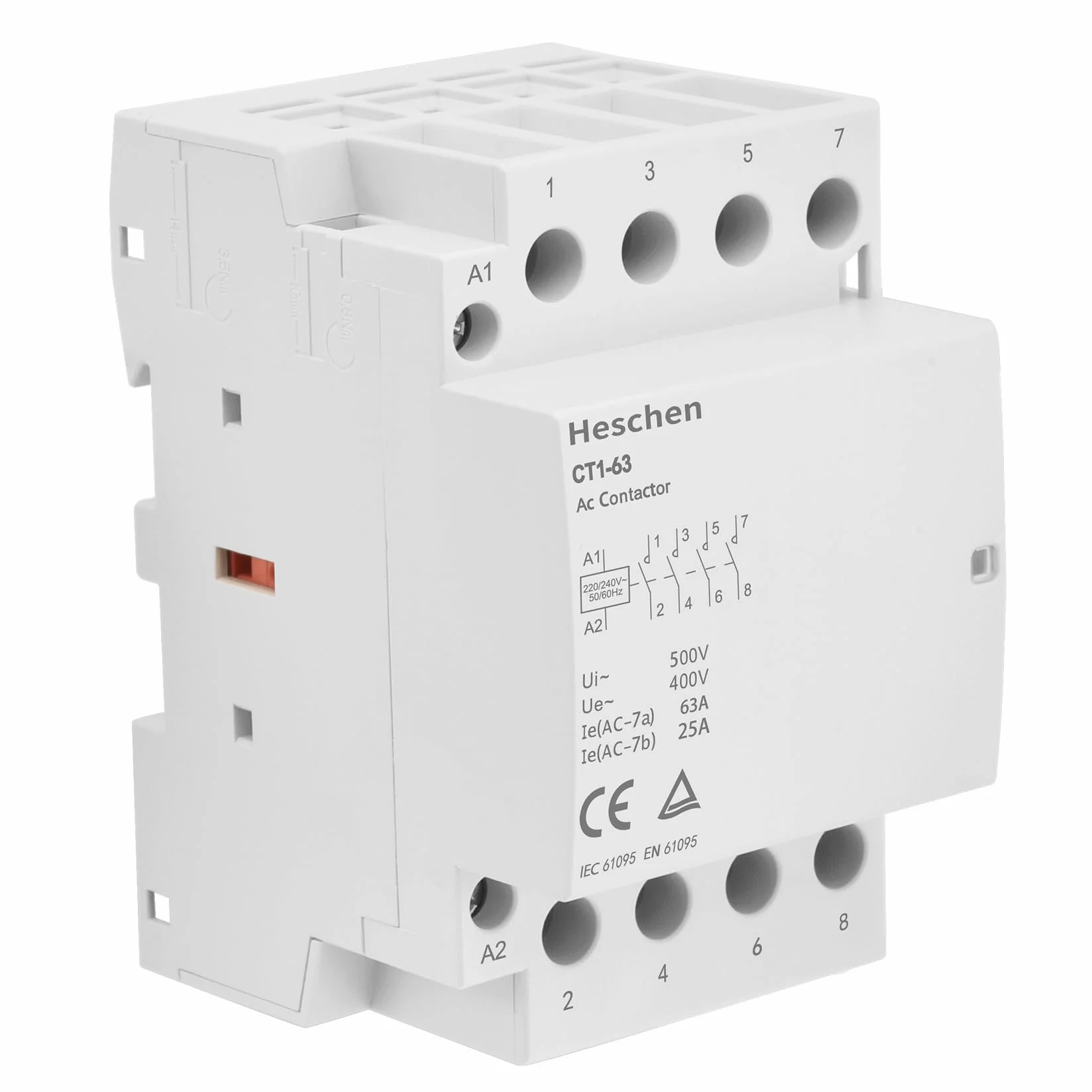 Heschen Stycznik prądu przemiennego do użytku domowego, CT1-63, 4-biegunowy, cztery normalnie otwarte, AC 220 V/240 V, napięcie cewki 35 mm do montażu na szynie DIN