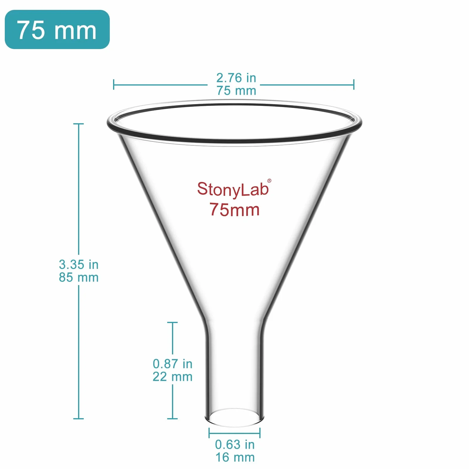 stonylab Lejek do pudru, ciężki lejek ze szkła borokrzemowego o średnicy 75 mm i średnicy trzpienia 22 mm