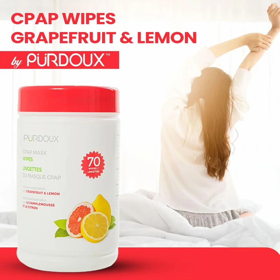 PÜRDOUX ? CPAP mask wipes with grapefruit lemon scent, canister of 70 wet wipes