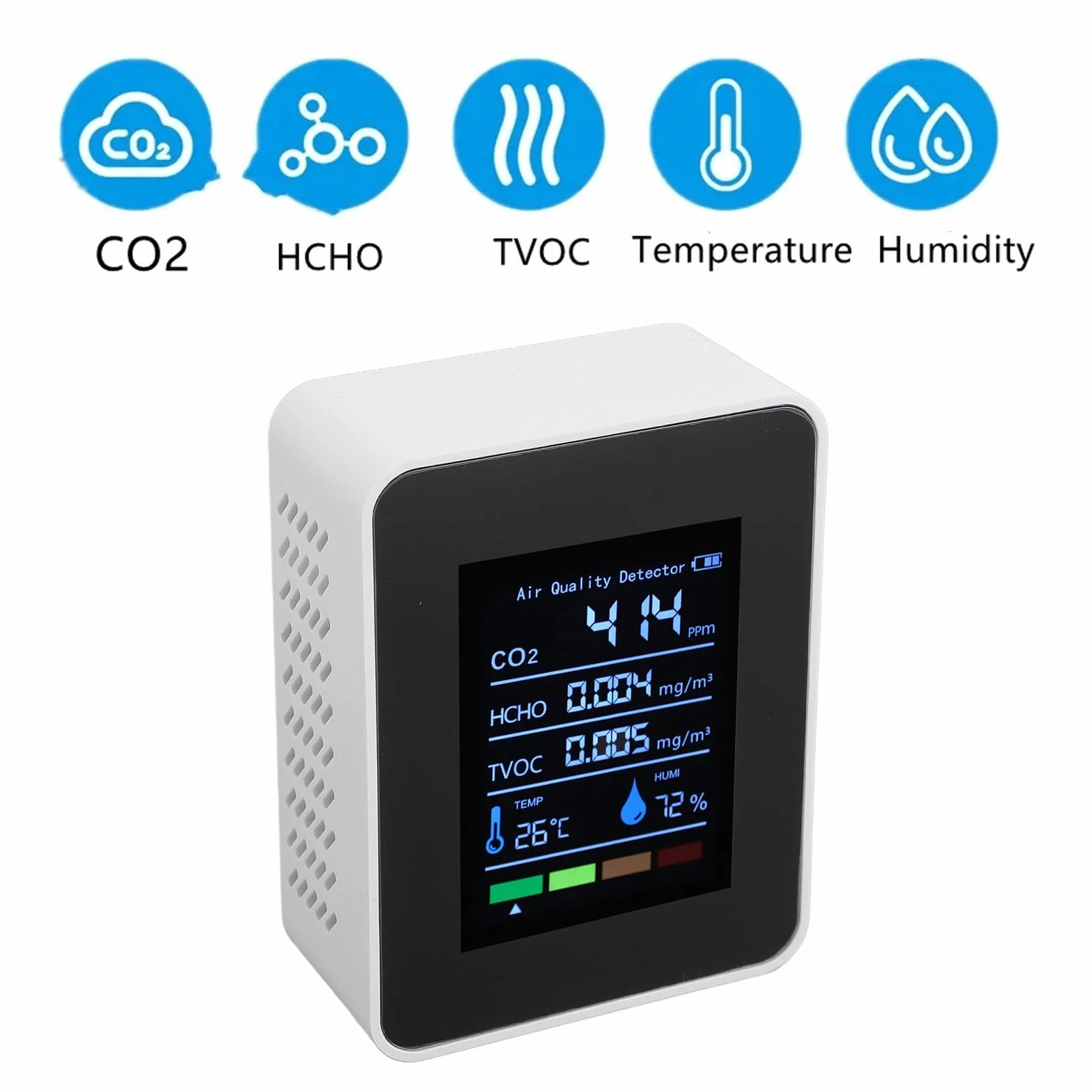 Monitor Jakości Powietrza 5 w 1, Miernik Testowy CO2/HCHO/TVOC/temperatury/wilgotności, Inteligentny Detektor Jakości Powietrza z Wyświetlaczem i baterią 1200 MAh, do Domu, Biura