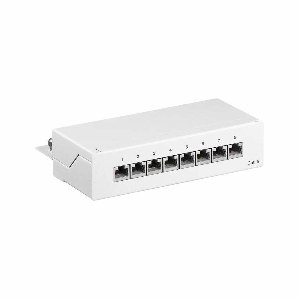 Goobay 62069 CAT 6 Patch Panel 8 portów/gniazda RJ45 wtyczka sieciowa / 250 MHz LAN panel krosowy/panel rozdzielający 1 HE/Mini Desktop panel krosowy montaż ścienny/biały