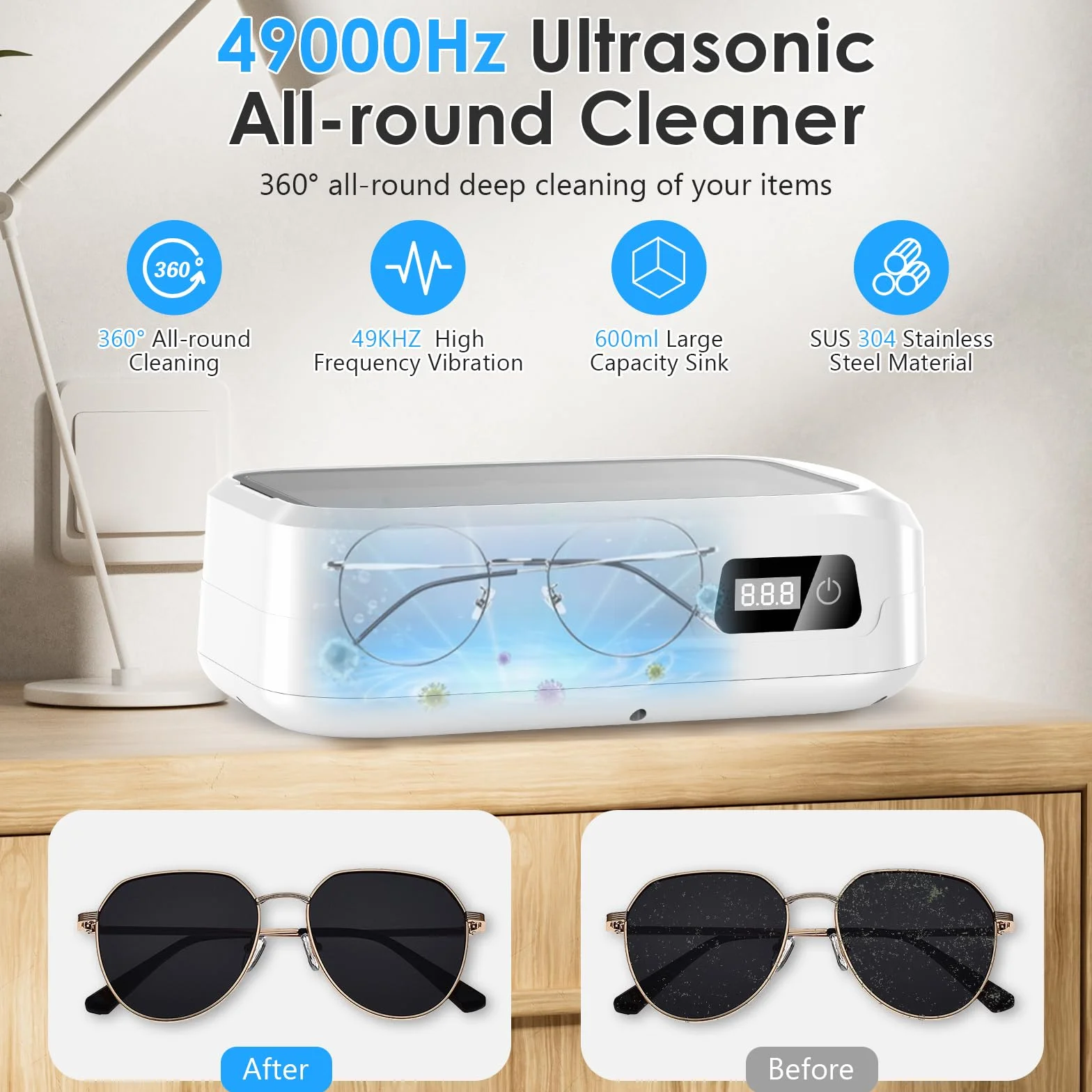 Ultradźwiękowy środek czyszczący 49000 Hz 600 ml z wyświetlaczem LED 4 timer do okularów biżuterii