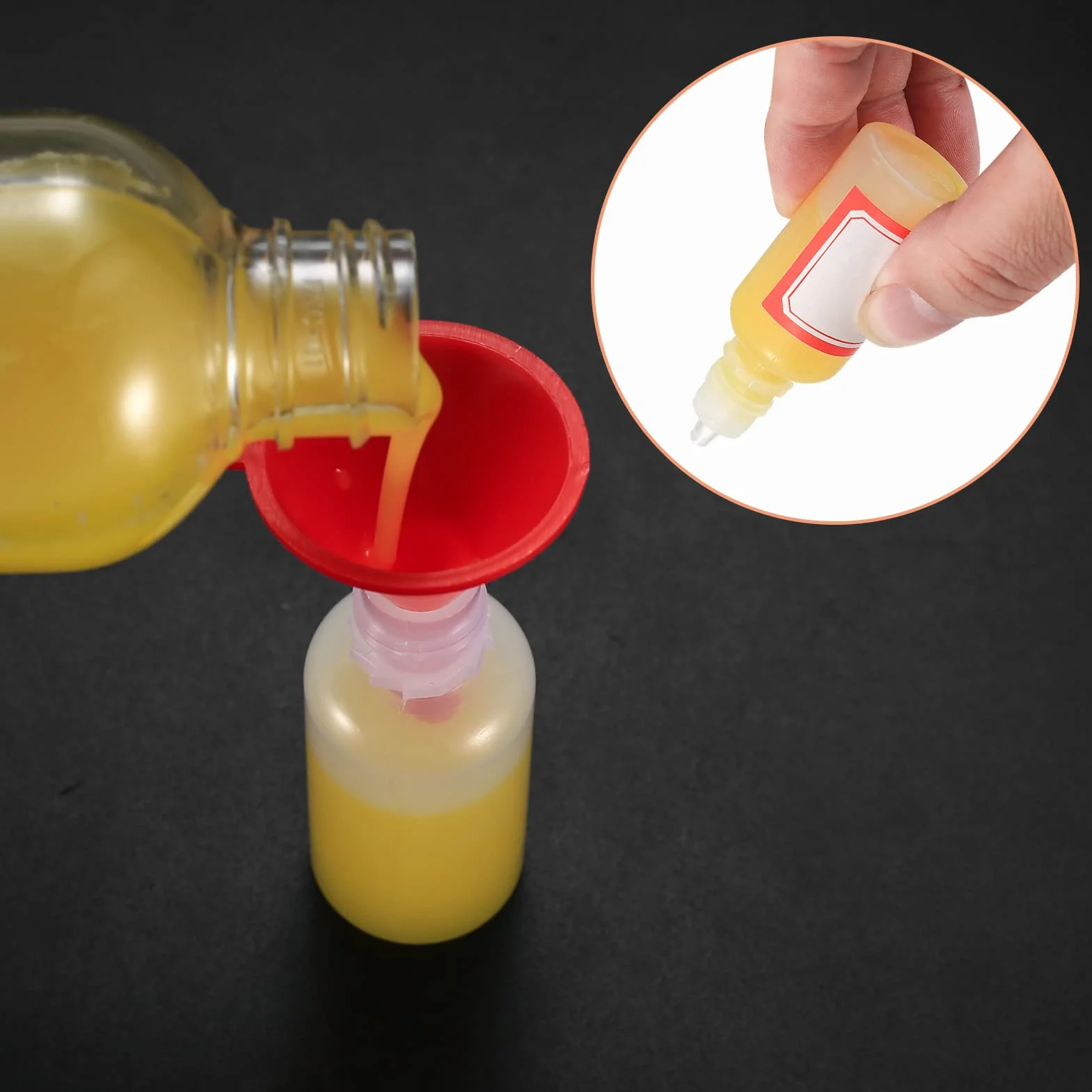 Plastikowe butelki z nakrętką 15 ml, puste, wyciskane do olejek eterycznych, z lejkami/pipetami transferowymi i naklejką, 20 sztuk