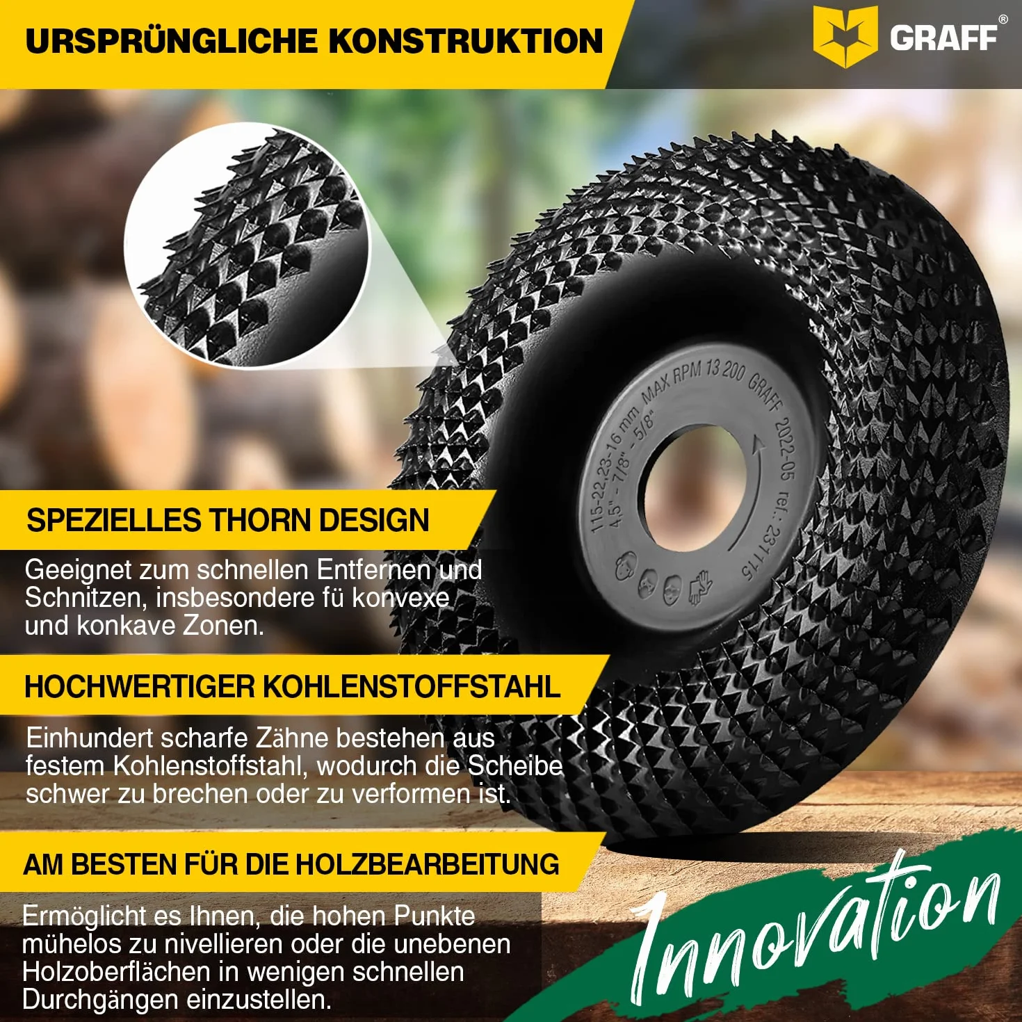 GRAFF Frez do drewna klasy premium, 115 mm, do rzeźbienia i szlifowania drewna, miękkiego drewna, twardego drewna – szlifierka do drewna do szlifierek kątowych i Flex – tarcza szlifierska do narzędzi