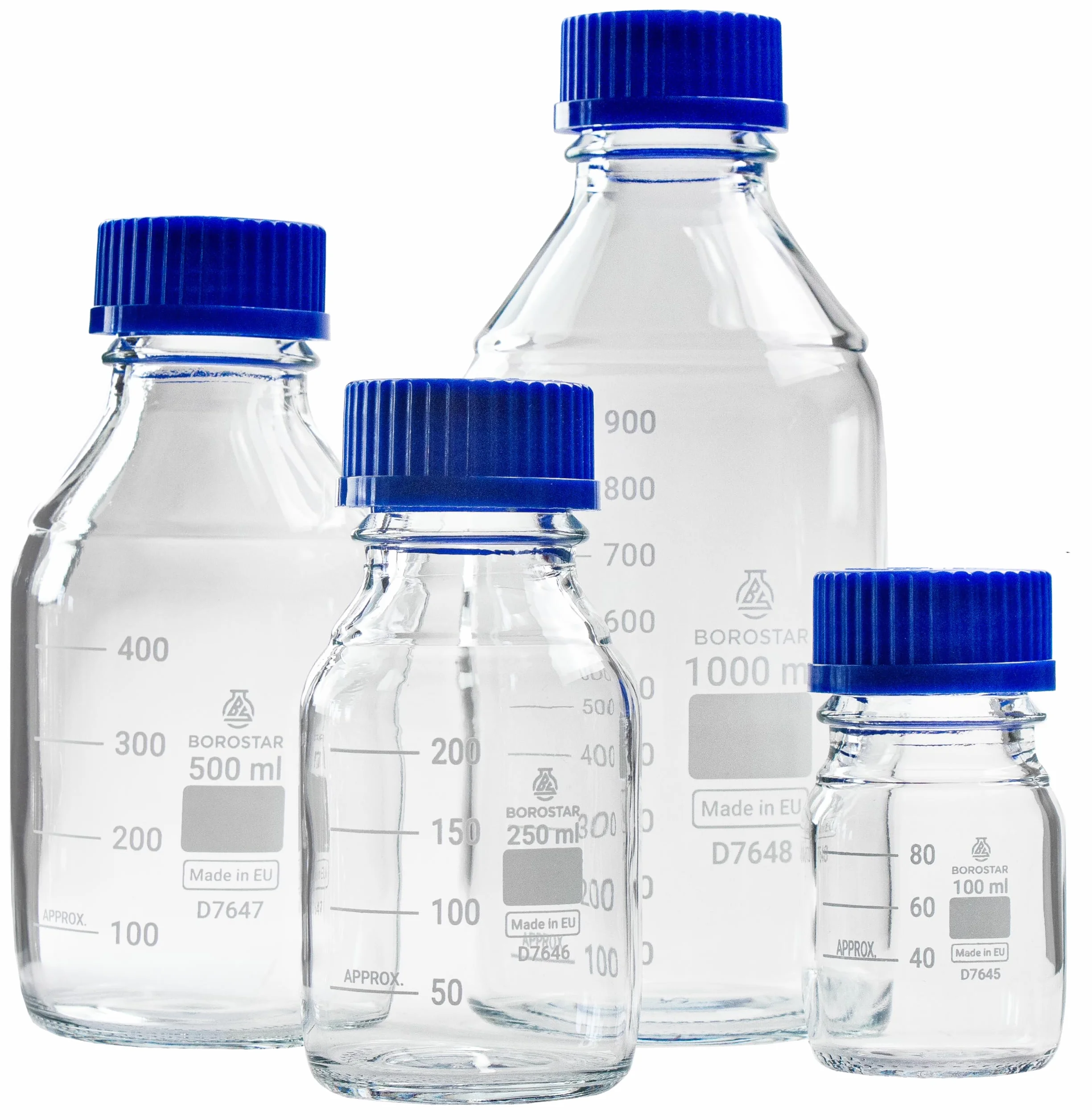 Butelka laboratoryjna (Boro 3.3), GL45, z zakrętką i pierścieniem do nalewania PP, niebieska, 100 ml
