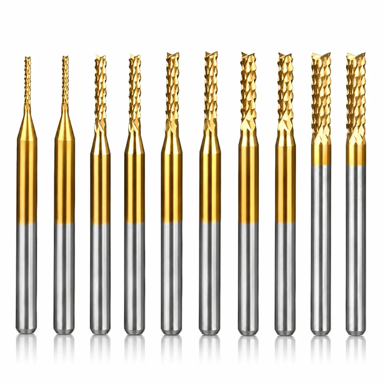 VOBOR 10 sztuk frezów CNC 1-3 mm, powlekane tytanem, 1,0 mm, 1,5 mm, 2,0 mm, 2,5 mm, 3,0 mm, 2 sztuki do typu, frezy do metalu do płytek drukowanych, metal, plastik