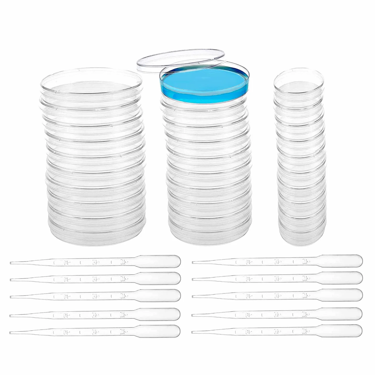 CHMYY 65 + 55 + 34 mm zestaw naczyń Petri z pokrywkami, 30 szt. sterylnych plastikowych naczyń Petri w zestawie 10 szt. plastikowych pipetek transferowych 3 ml dla dzieci do szkoły, laboratorium, nauki, projekty targowe