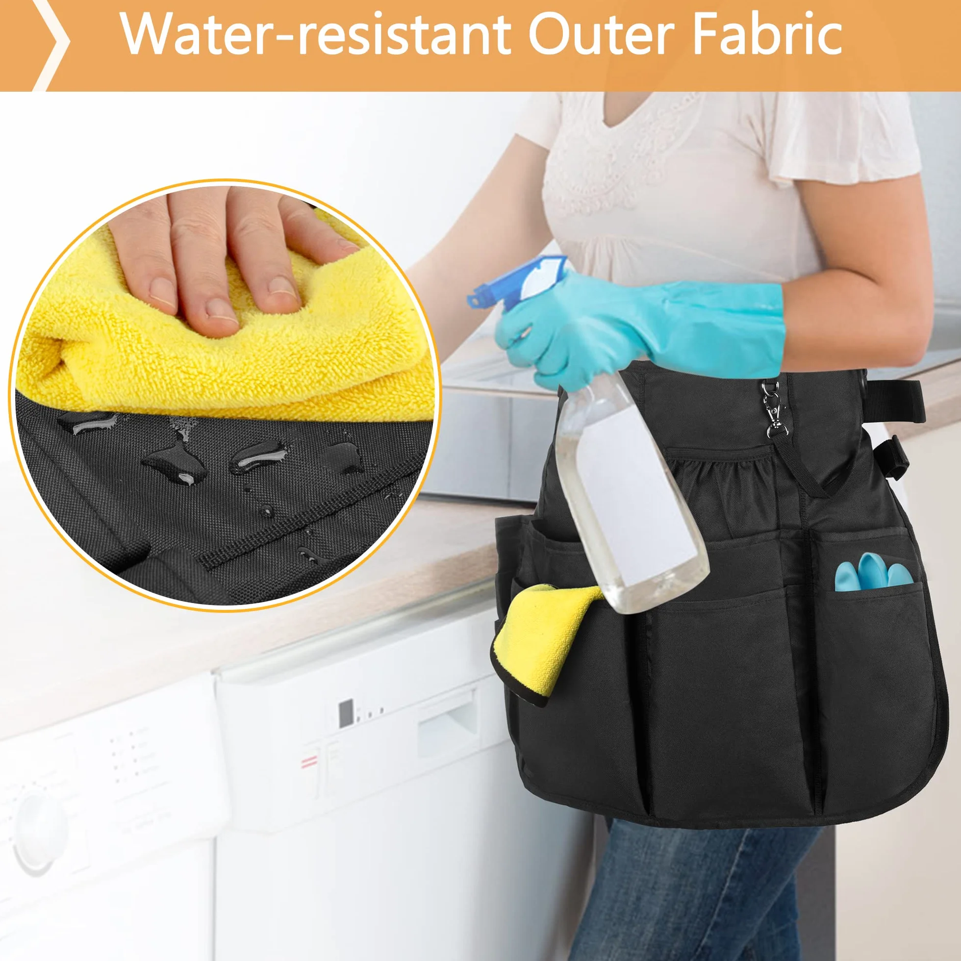 LoDrid Profesjonalny fartuch do czyszczenia, wodoodporny fartuch Speed Cleaning Caddy z 9 kieszeniami i regulowanym paskiem z klamrą, do sprzątania w hotelu domowym, czarny, Middle