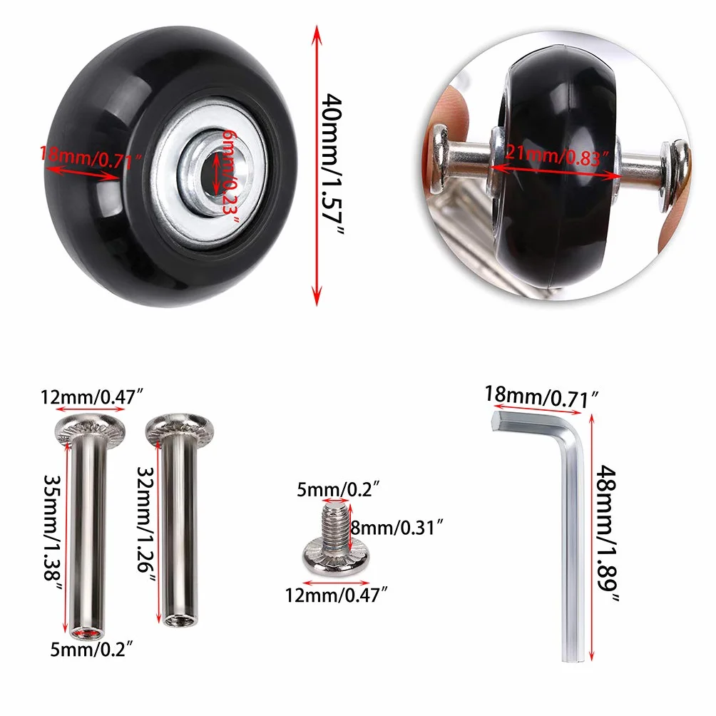 SUMNACON 4 szt. 40 x 18 mm koła zamienne do walizek bagażowych, gumowe kółka obrotowe zestawy naprawcze łożysk