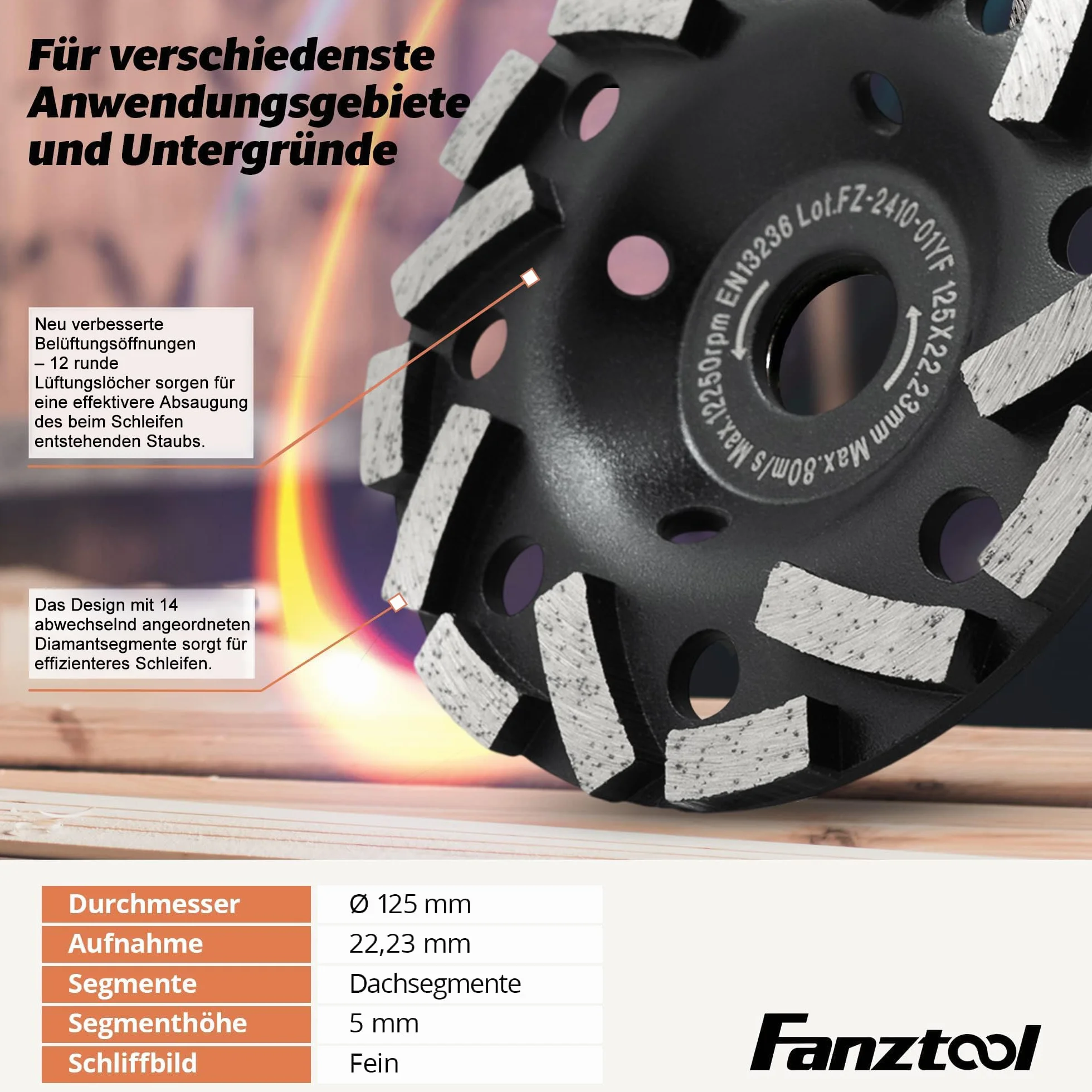 FANZTOOL Premium Diamentowa Tarcza Garnkowa ścierna 125 mm x 22,2 mm do ściernych Materiałów Budowlanych, Jastrychu, Tynku, Asfaltu
