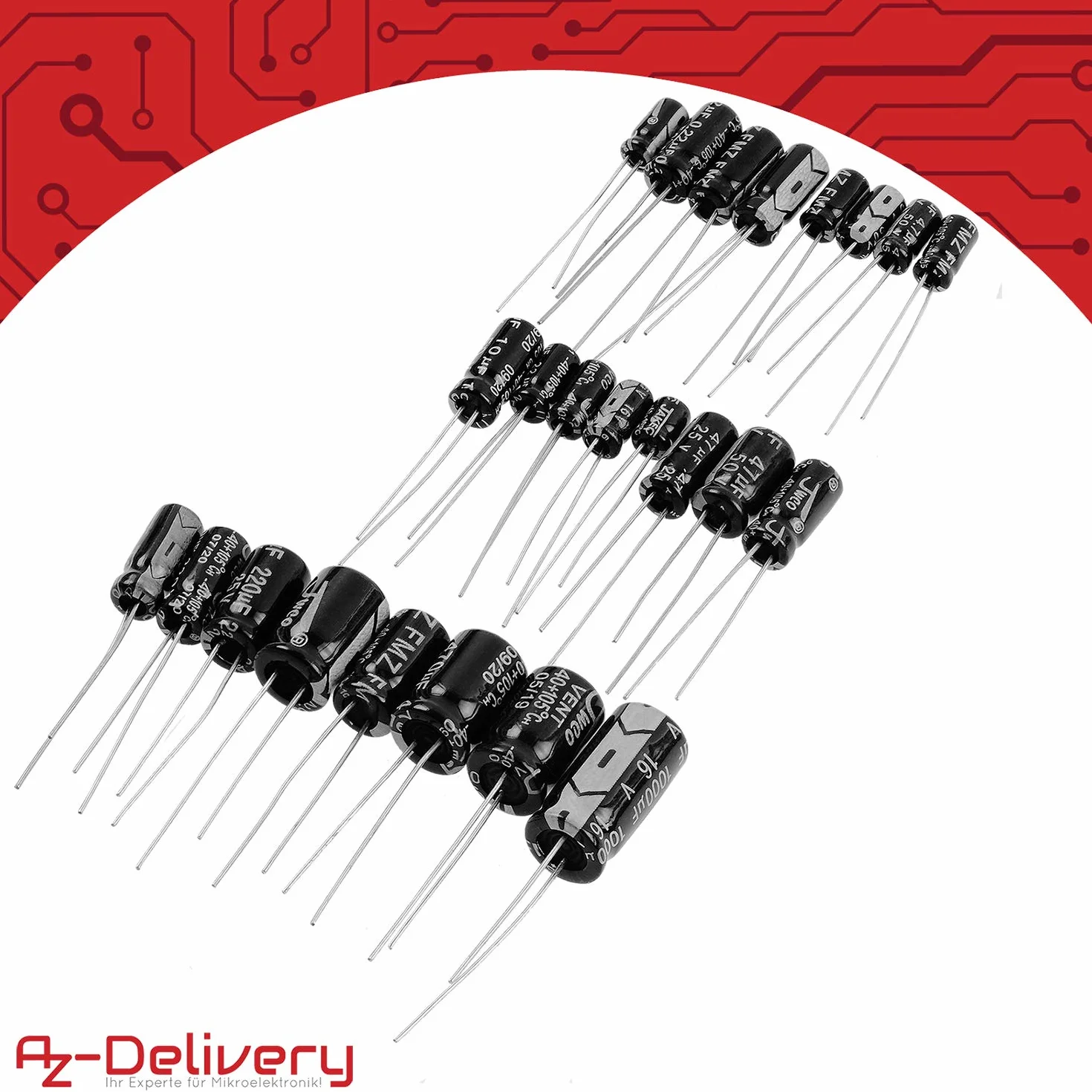 AZDelivery Asortyment ElKo kondensator elektrolityczny aluminiowy 24 wartości 500 sztuk 0.1uF - 1000uF ze skrzynką do przechowywania kompatybilny z Arduino i E-book w zestawie!