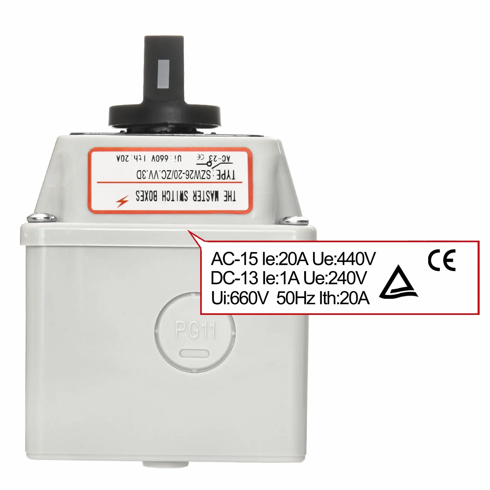 Heschen Uniwersalny przełącznik obrotowy krzywkowy, SZW26-20/ZC.VV.3, 660V 20A, 3-pozycyjny ON-OFF-ON, 3 fazy, 12 zacisków, CE, z zewnętrzną skrzynką do wyłącznika ogólnego