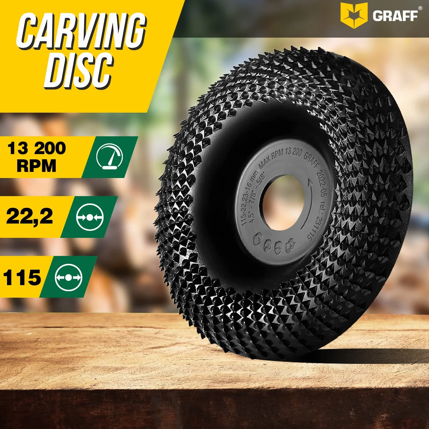 GRAFF Frez do drewna klasy premium, 115 mm, do rzeźbienia i szlifowania drewna, miękkiego drewna, twardego drewna – szlifierka do drewna do szlifierek kątowych i Flex – tarcza szlifierska do narzędzi