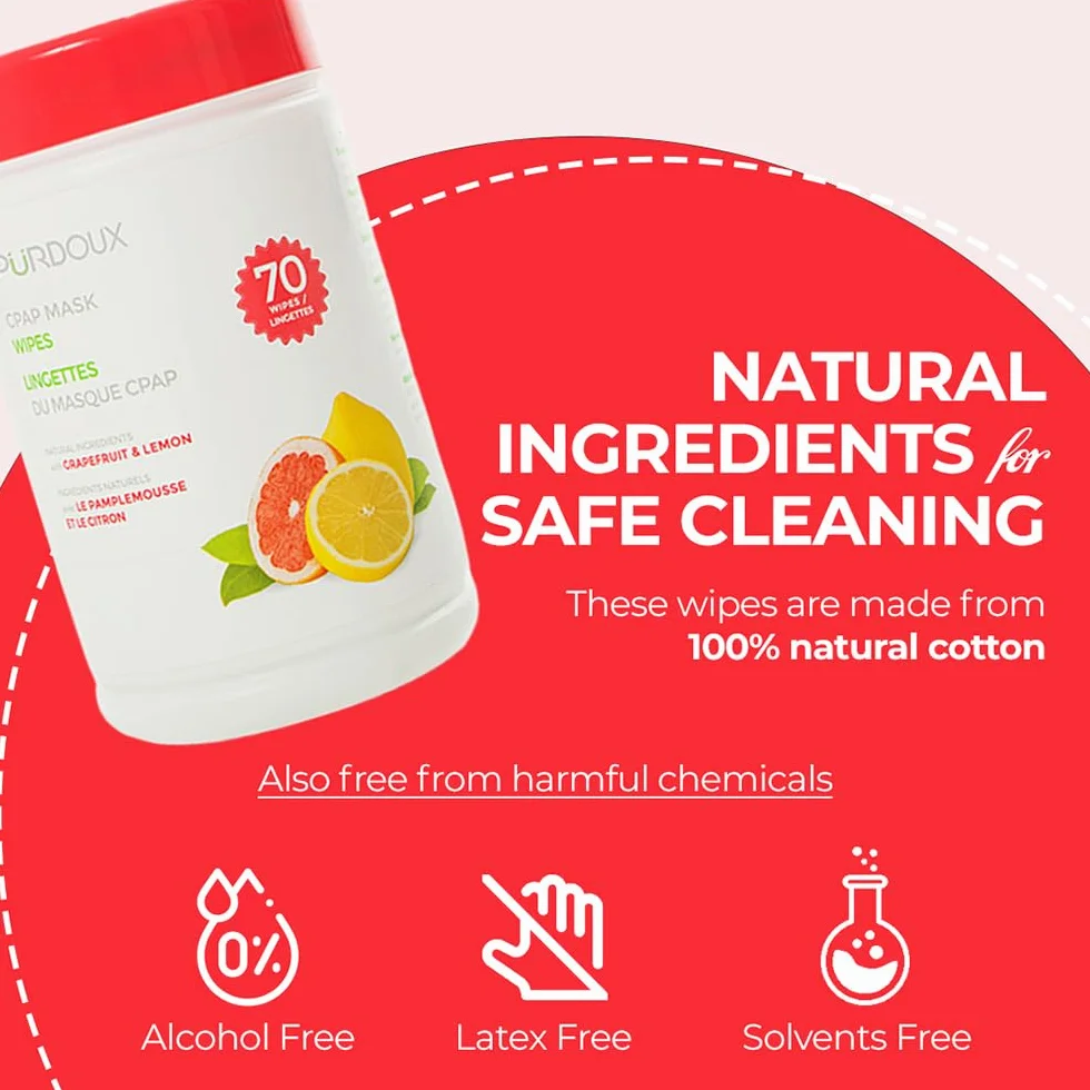 PÜRDOUX ? CPAP mask wipes with grapefruit lemon scent, canister of 70 wet wipes