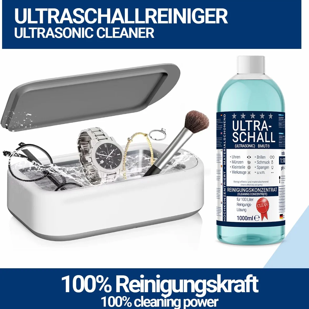 2 x 1000 ml koncentrat do czyszczenia ultradźwiękowego | płyn | do okularów, zegarków, biżuterii, protez i wielu innych w kąpieli ultradźwiękowej