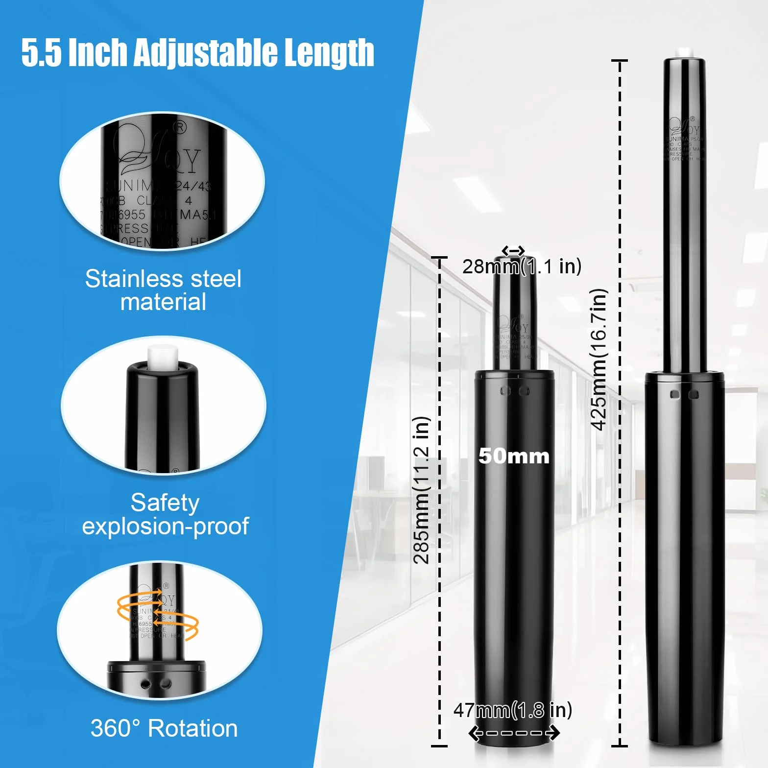 Cylinder gazowy do krzesła biurowego, zamiennik cylindra gazowego klasy 4, 450 kg, regulowany, uniwersalny podnośnik gazowy, do biurowych krzeseł gamingowych, 285-425 mm