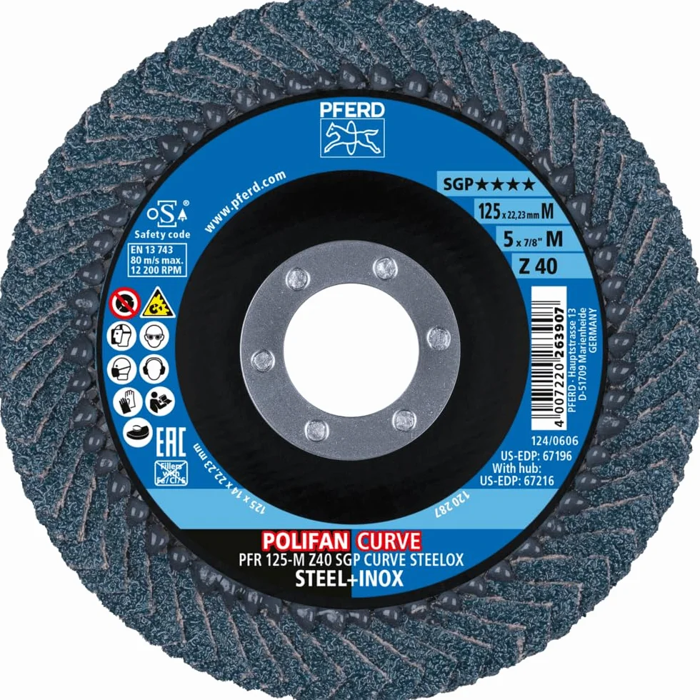 PFERD Tarcza wachlarzowa POLLIFAN CURVE 2 sztuki | Ø 125 mm, szerokość M (11 mm), Z40, SGP STEELOX | 69398197 do precyzyjnej obróbki spoin pachwinowych