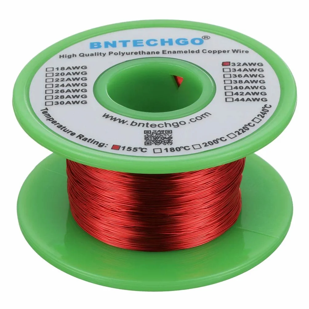 BNTECHGO Drut magnetyczny 32 AWG – emaliowany drut miedziany – emaliowany drut nawijający magnes – 113 g – 0 cm średnica 1 cewka szpula czerwona temperatura znamionowa 155℃ szeroko stosowany do induktorów transformatorów