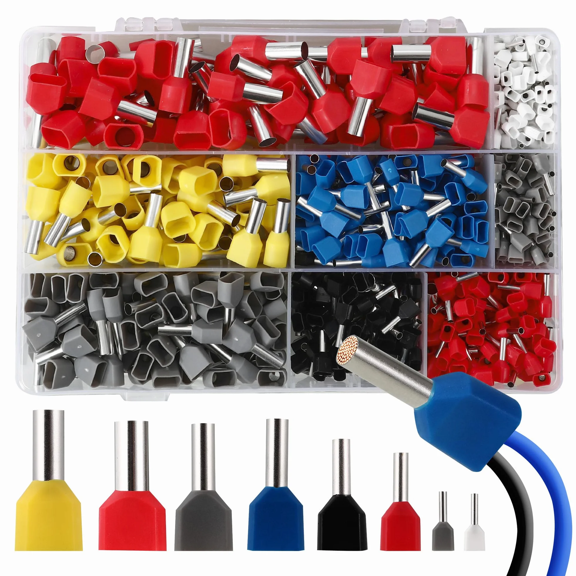 750 sztuk 0,5-10 mm² zestaw podwójnych końcówek kablowych, zestaw podwójnych końcówek kablowych z pudełkiem asortymentowym, izolowane podwójne końcówki kablowe do bezpiecznych połączeń kablowych