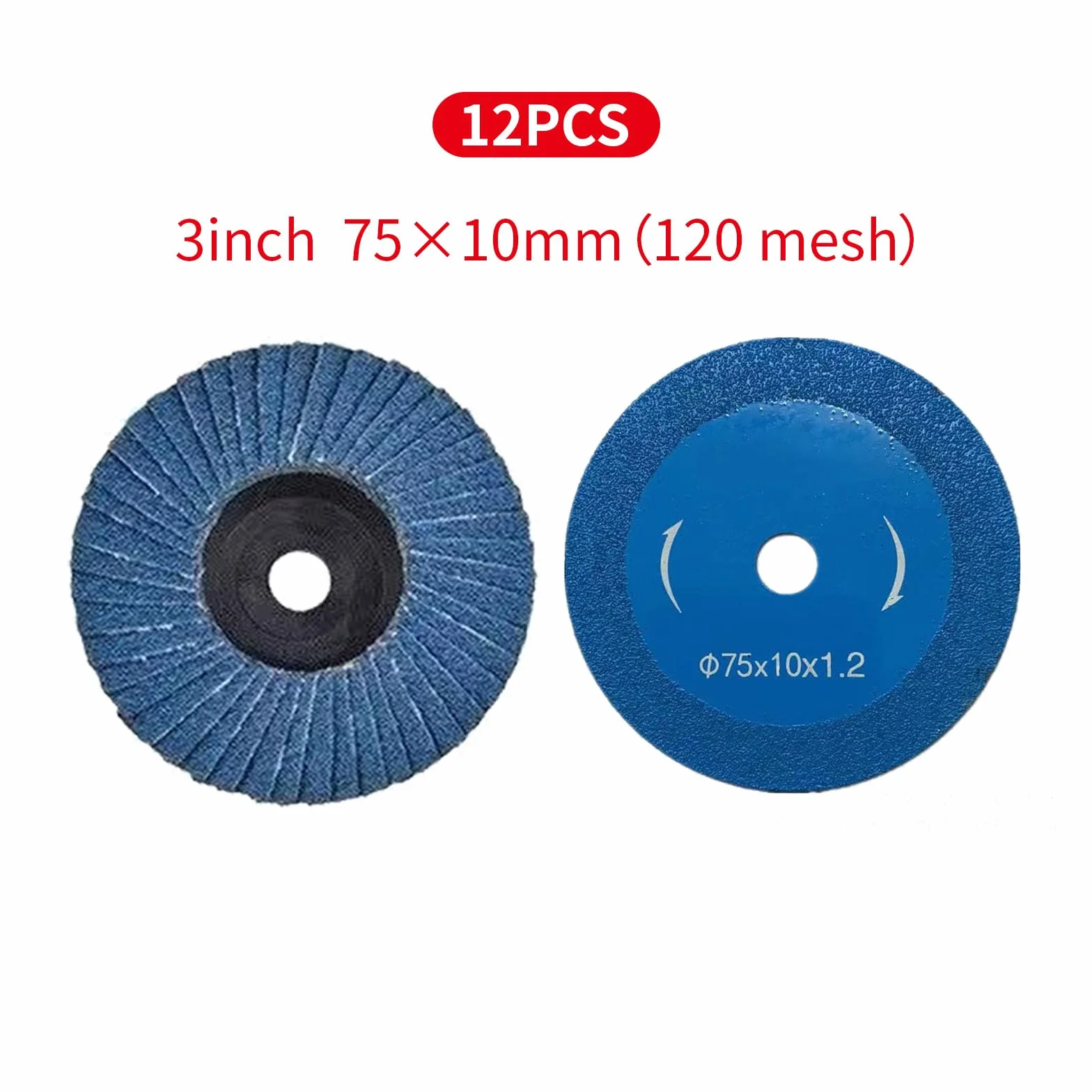 12 sztuk krążków wachlarzowych, ściernych, ściernych, 75 mm, ziarnistość 120, tarcza lamelowa, do metalu, stali, drewna, tarcza szlifierska, mop szlifierski, płyta do szlifowania, kolor niebieski