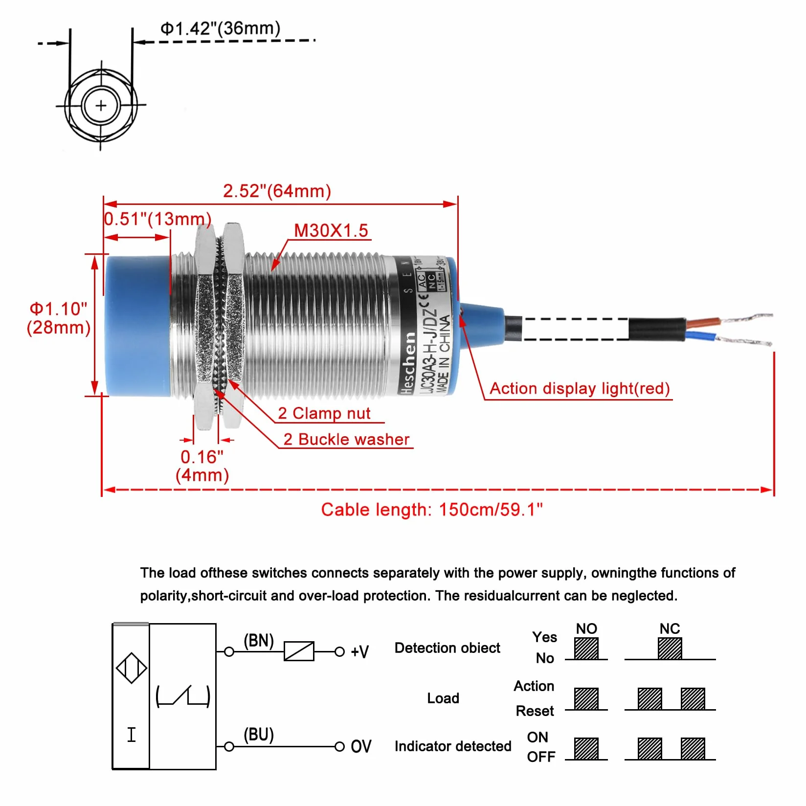 Heschen Pojemnościowy czujnik zbliżeniowy LJC30A3-H-J/DZ 1-15 mm 90-250 VAC 400 mA normalnie zamknięty (NC) 2 kable, pojemnościowy, automatyczny, szary, niebieski