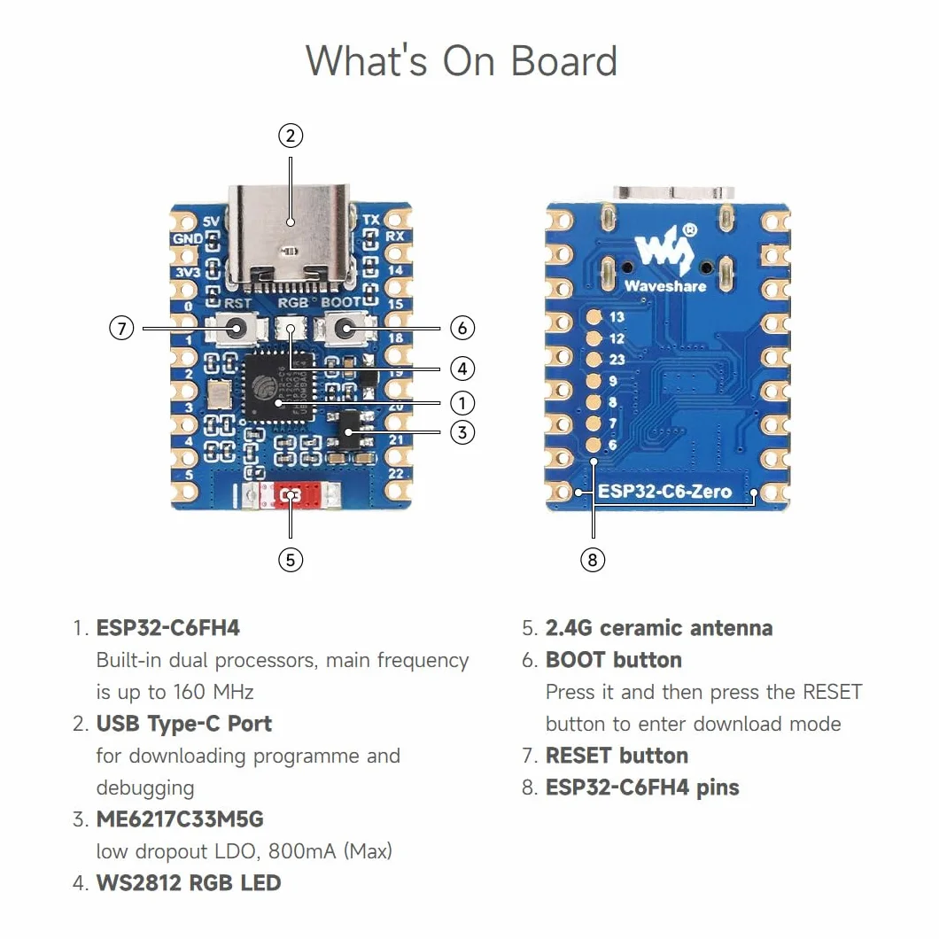 Waveshare ESP32-C6-Zero 2 PCS ESP32-C6 Mini Development Board ESP32-C6FH8 160MHz 2.4GHz WiFi 6 BT5