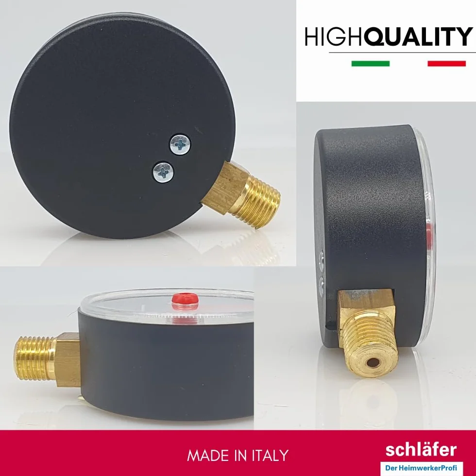 Schläfer 0930164 | 1/4" BSP pionowy manometr hydrauliczny z przyłączem promieniowym, skala 0-6 bar 63 mm do instalacji termicznych powietrza wodnego wskaźnik ciśnienia hydraulicznego