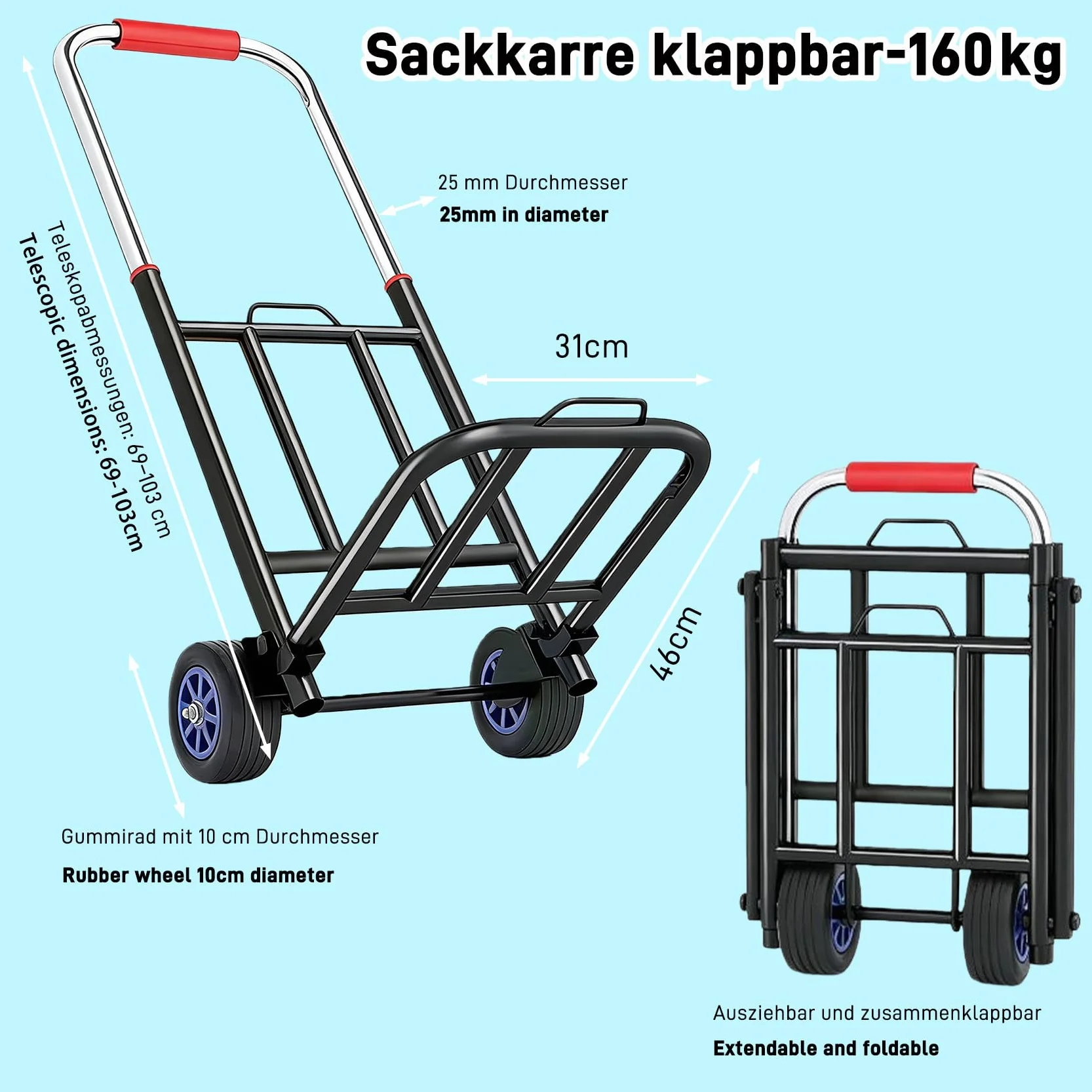 Składany wózek transportowy ze stali nierdzewnej z regulacją wysokości 69-103 cm, udźwig 80 kg, gumowe koła 10 cm