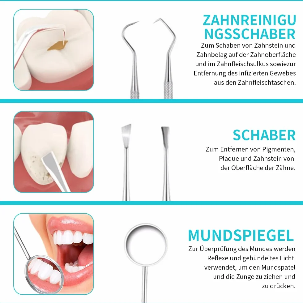 Dreamil Zestaw 6 sztuk do czyszczenia zębów, zestaw do czyszczenia zębów, sztućce dentystyczne, stal nierdzewna, lusterko dentystyczne, lustro jamy ustnej, pęseta do zębów, sonda dentystyczna