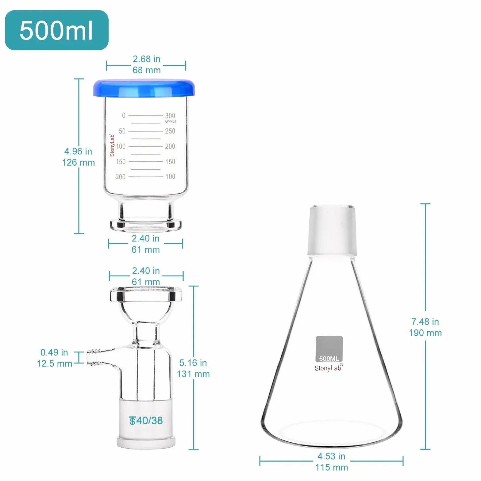 stonylab Urządzenie do filtracji szkła, szkło borokrzemowe, zestaw filtrów próżniowych z kolbą filtrującą o pojemności 500 ml i lejkiem pomiarowym 300 ml