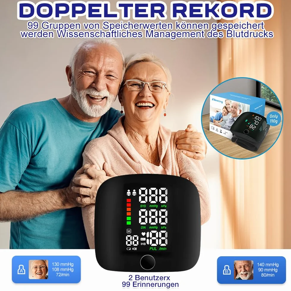 Cyfrowy ciśnieniomierz na nadgarstek z pamięcią 99 odczytów, ekran LCD, automatyczny