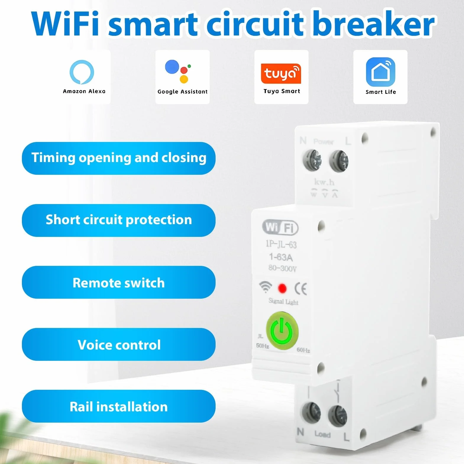 DEWIN Tuya Smart, 1P 63 A 230 VAC przełącznik WiFi inteligentny przełącznik WiFi przekaźnik na szynie DIN zdalne sterowanie za pomocą aplikacji Tuya (1P-JL)