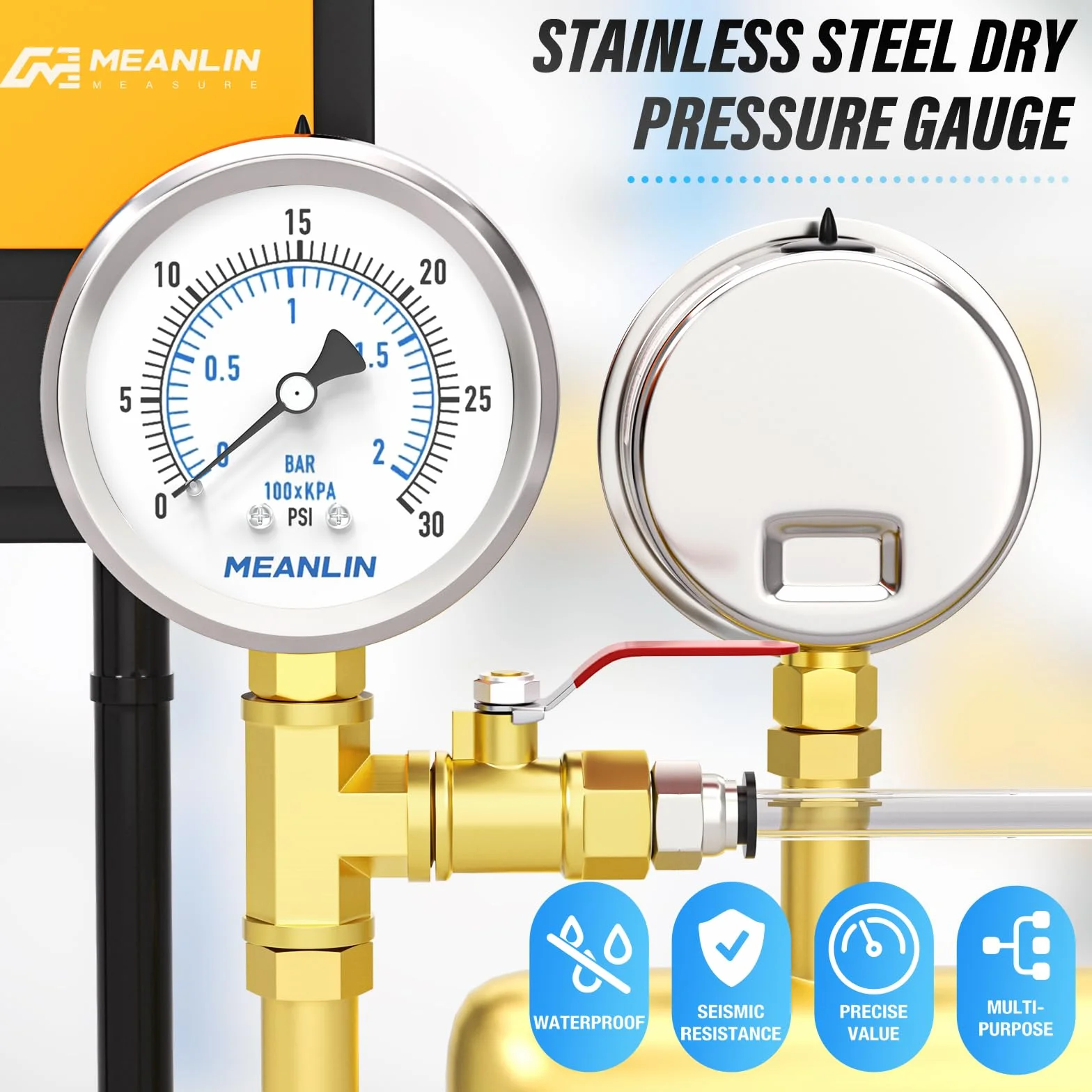 MEANLIN MEASURE 0 ~ 2 bar/0~30 psi, suchy manometr, stal nierdzewna, 1/4" BSP 2" FACE DIAL wodoszczelny do fontanny, wody, opon, tester ciśnienia wody, dolny uchwyt, z 1/2" BSP i gniazdem