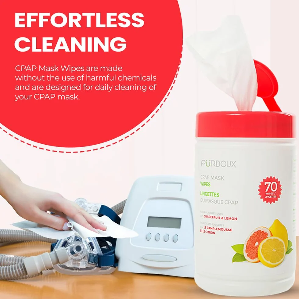 PÜRDOUX ? CPAP mask wipes with grapefruit lemon scent, canister of 70 wet wipes