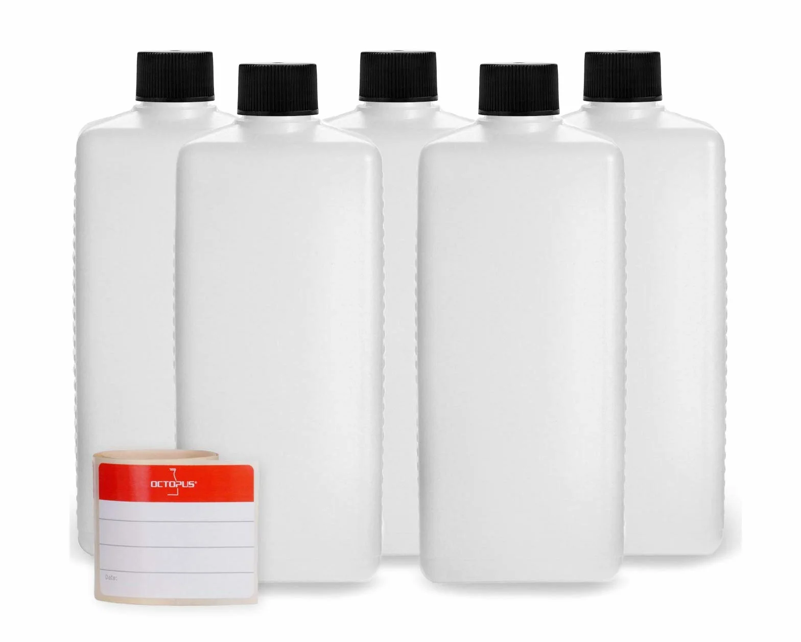 Octopus 5 x 500 ml butelki z tworzywa sztucznego, butelki plastikowe HDPE z czarnymi zakrętkami, puste butelki z czarnymi zakrętkami, kwadratowe butelki z 5 etykietami do opisywania