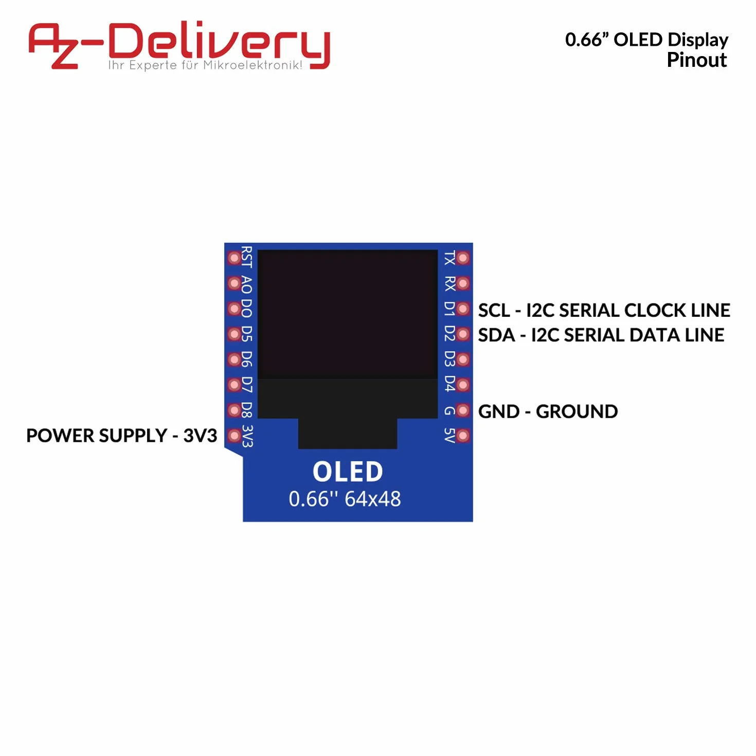 AZDelivery 5 x 0,66 cala osłona wyświetlacza ssd1306 OLED I2C 64x48 pikseli moduł wyświetlacza I2C HW-699 z białymi znakami kompatybilny z D1 Mini, w tym E-Book!