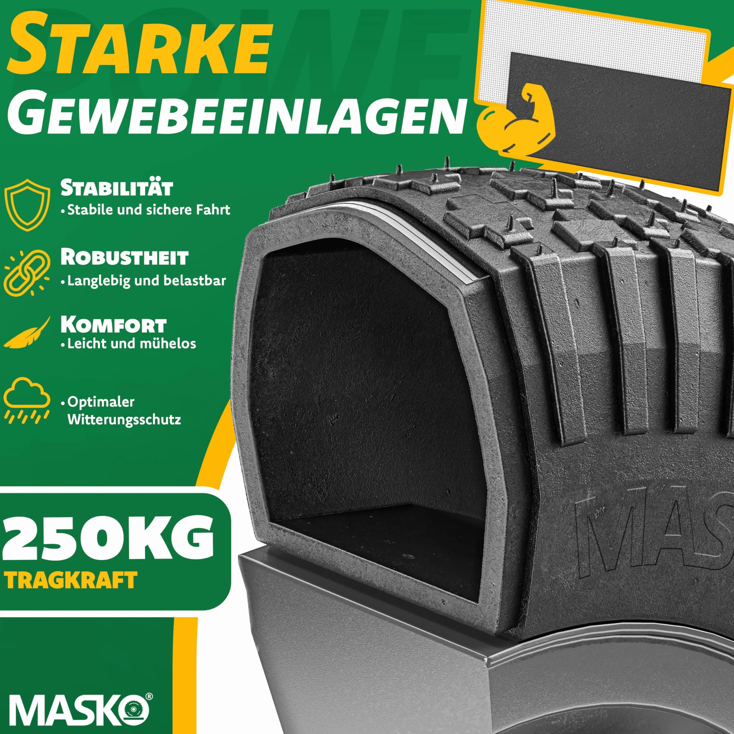 MASKO® Koło do taczki, ogumienie pneumatyczne, 250 kg, koło zapasowe, opony pneumatyczne, taczka ogrodowa 40 cm / 15,6", bardzo szerokie, 9,5 cm, koło pneumatyczne, odporne na przebicie opony z felgą