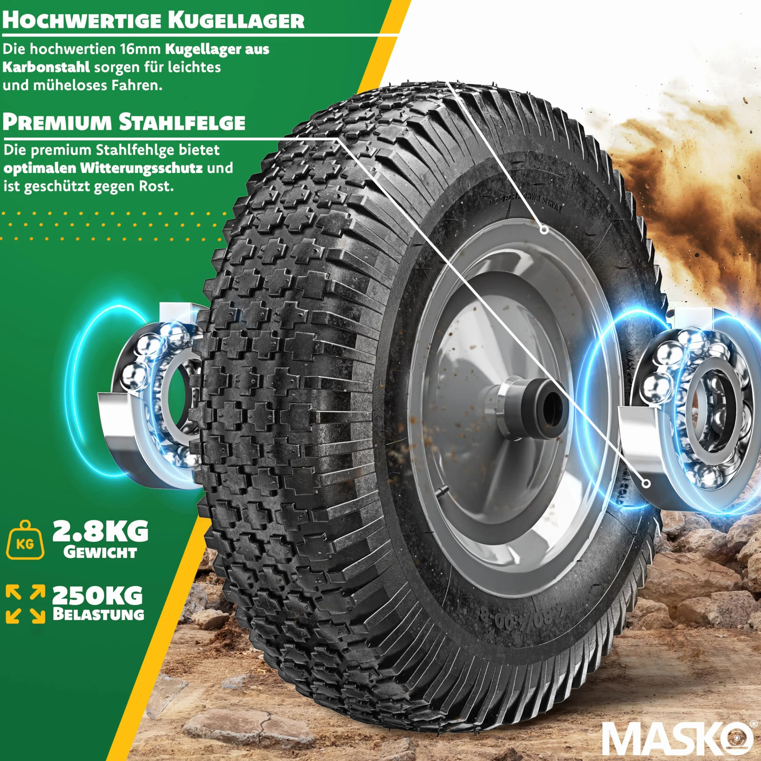 MASKO® Koło do taczki, ogumienie pneumatyczne, 250 kg, koło zapasowe, opony pneumatyczne, taczka ogrodowa 40 cm / 15,6", bardzo szerokie, 9,5 cm, koło pneumatyczne, odporne na przebicie opony z felgą