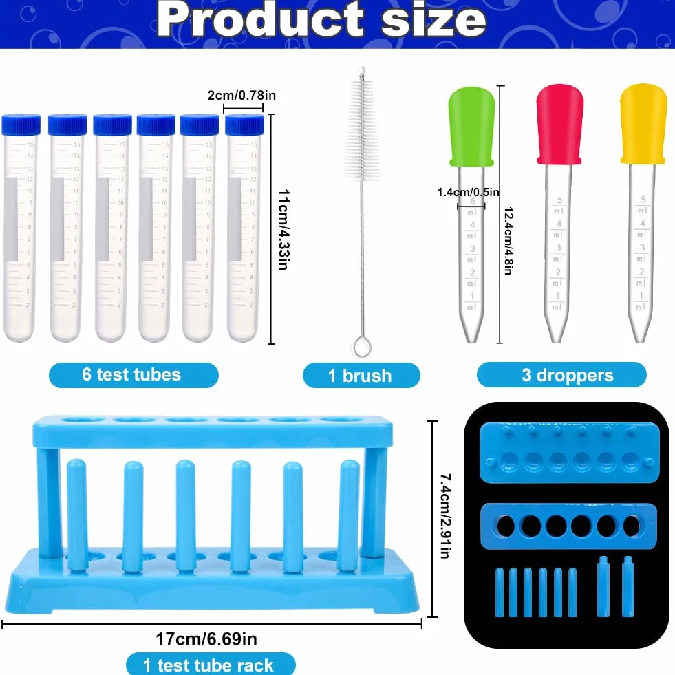 Zestaw probówek dla dzieci 11 sztuk ze stojakiem i pipetą plastikowy