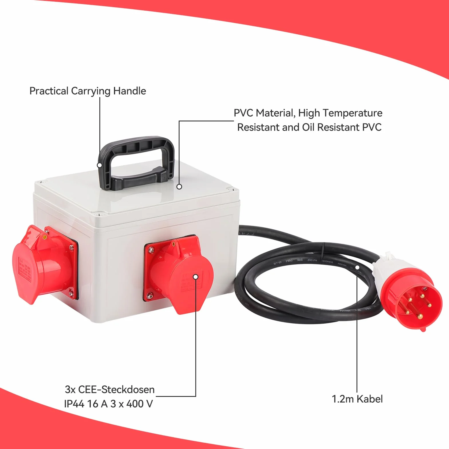 CEE adapter 16 A 3 x 400 V 16 A rozdzielnica prądu budowlanego wtyczka rozdzielacz 5-biegunowy IP44 91445