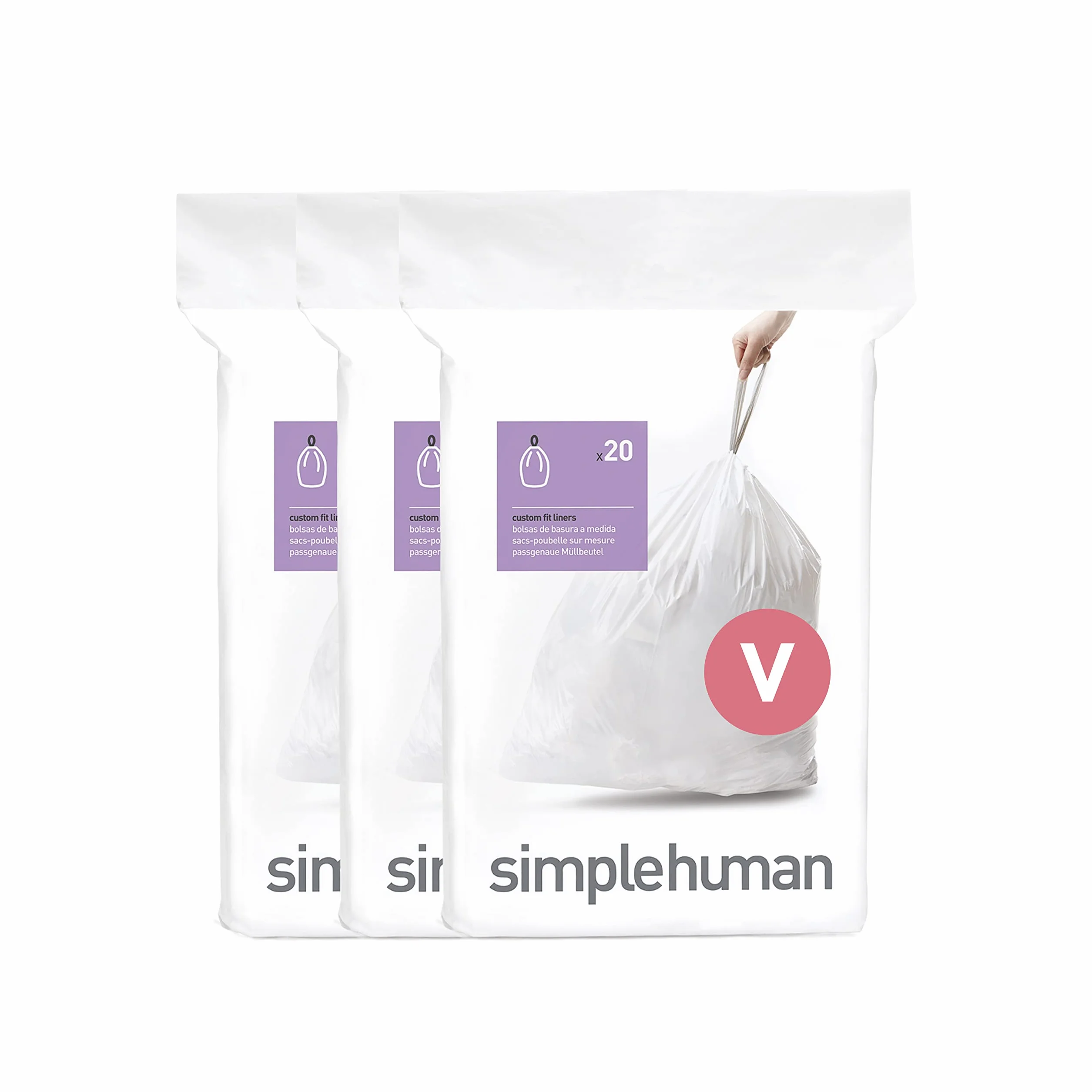 simplehuman Kod CW0408 V Custom Fit Bin Liner Opakowanie zbiorcze, biały plastik (3 opakowania po 20, łącznie 60 wkładek)