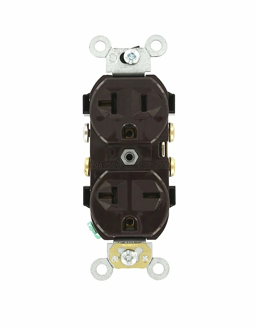 Leviton 5842 20 Amp, 125/250 V, wąskie gniazdo duplex, proste ostrze, klasa komercyjna, samouziemienie, podwójne napięcie, brązowy