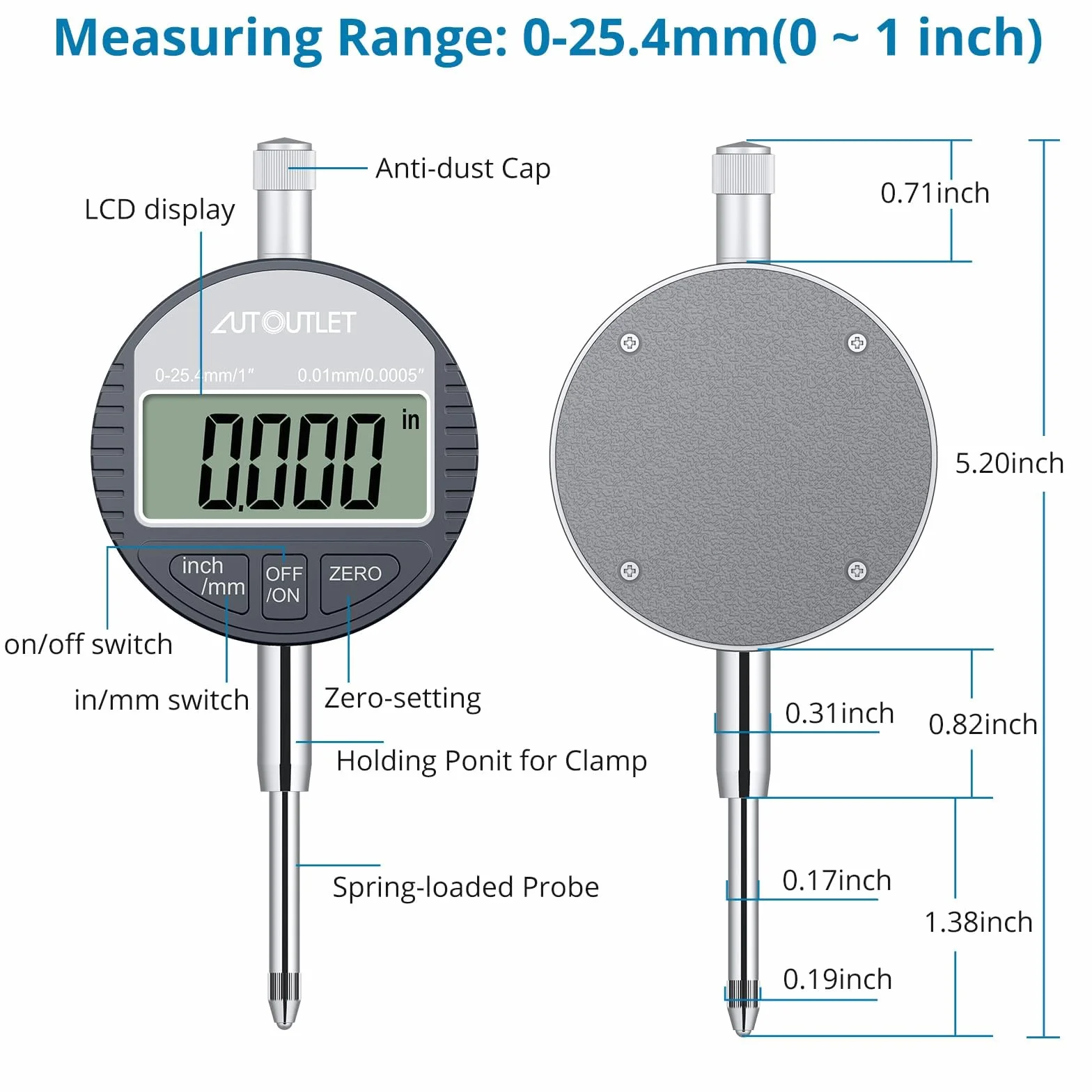 AUTOUTLET Cyfrowa sonda wskaźnika pokrętła 0,01 mm 25,4 mm precyzyjne wskaźniki przemysłowe