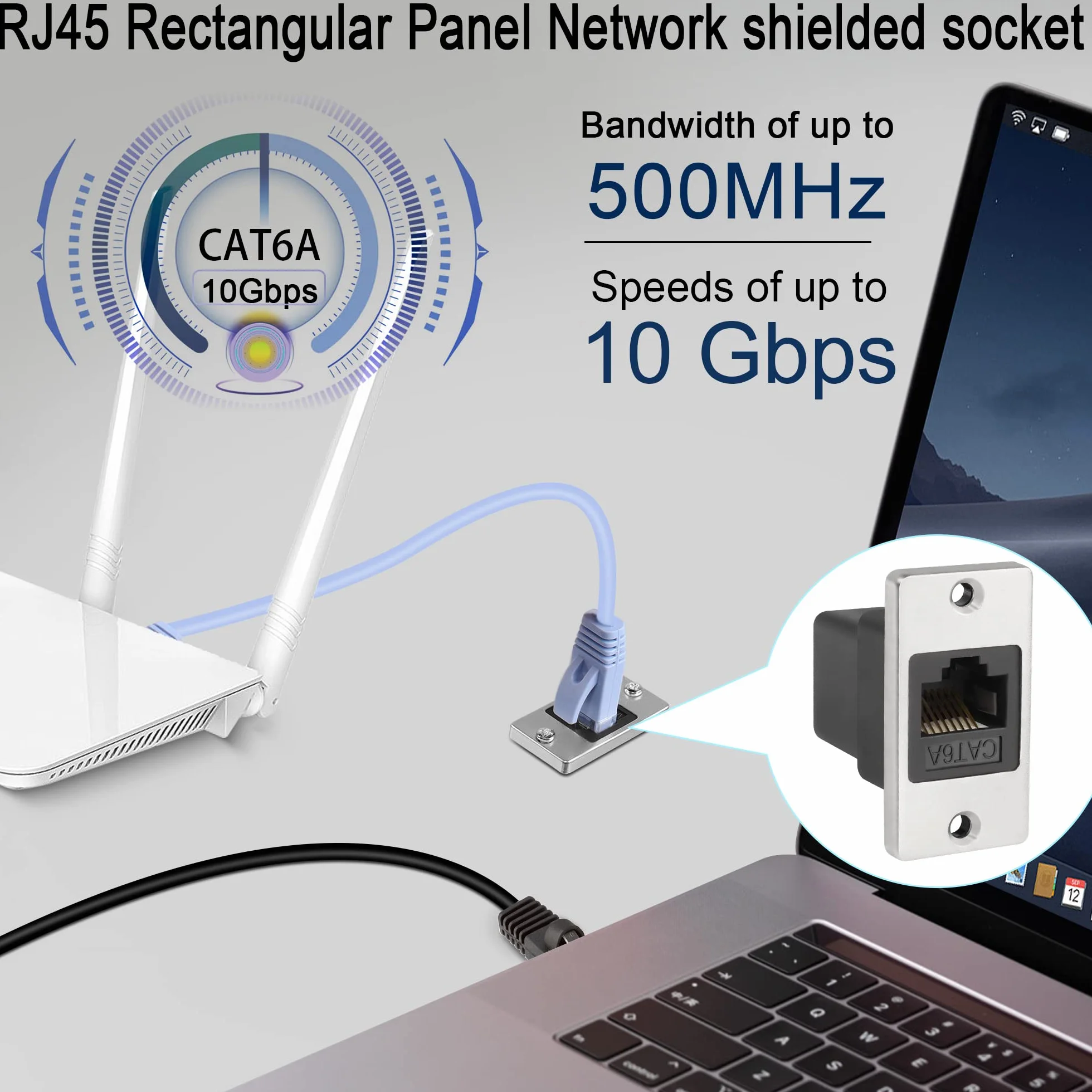 QIANRENON RJ45 Prostokątny panel sieciowy Cat6A żeński na żeński Ethernet złącze do montażu na gniazdku, do ścian urządzeń stacjonarnych
