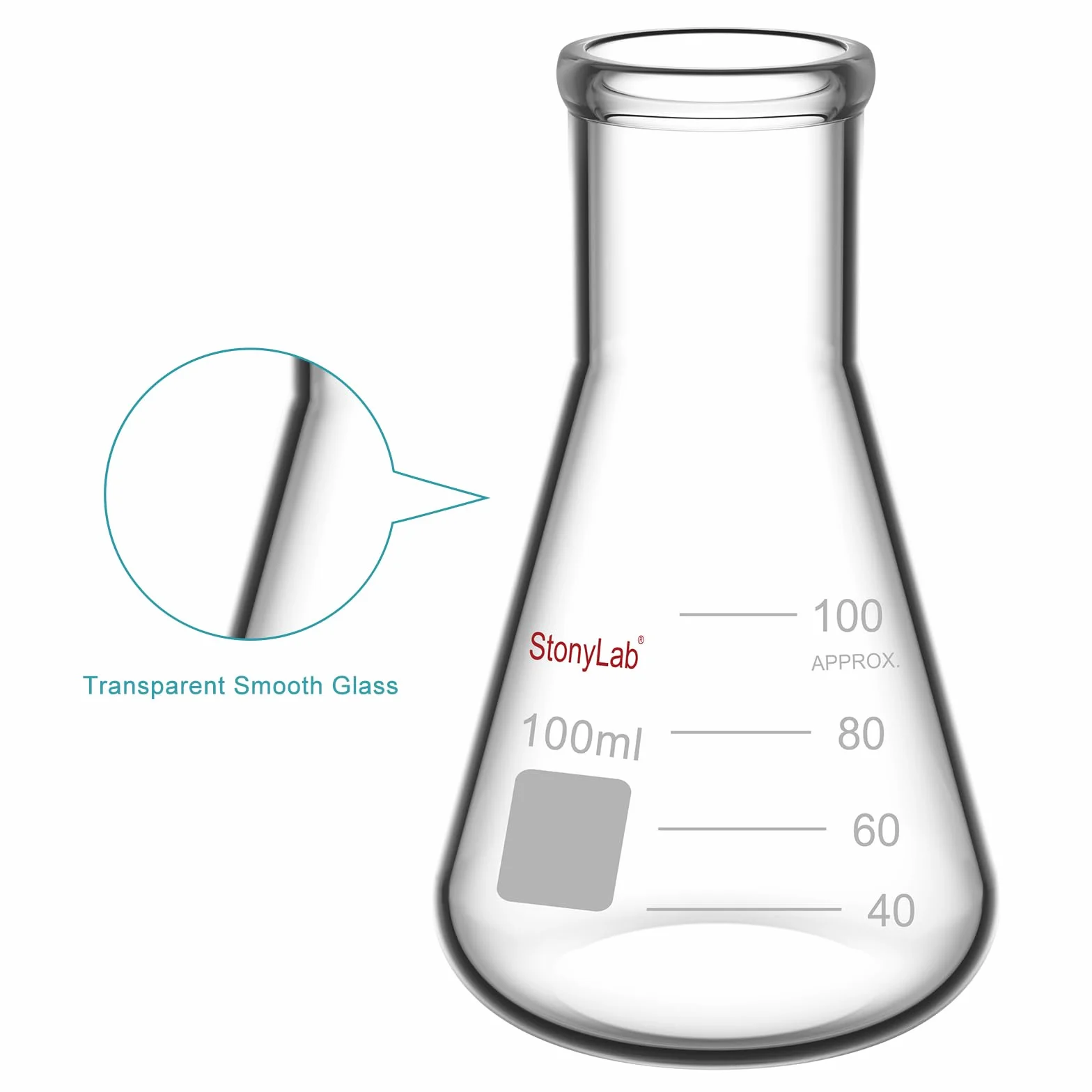 StonyLab 1– (opakowanie szklane 100 ml ciężkie butelki Erlenmeyer z grubą krawędzią – (100 ml pasuje do StonyLab 5 # gumowy stoper)