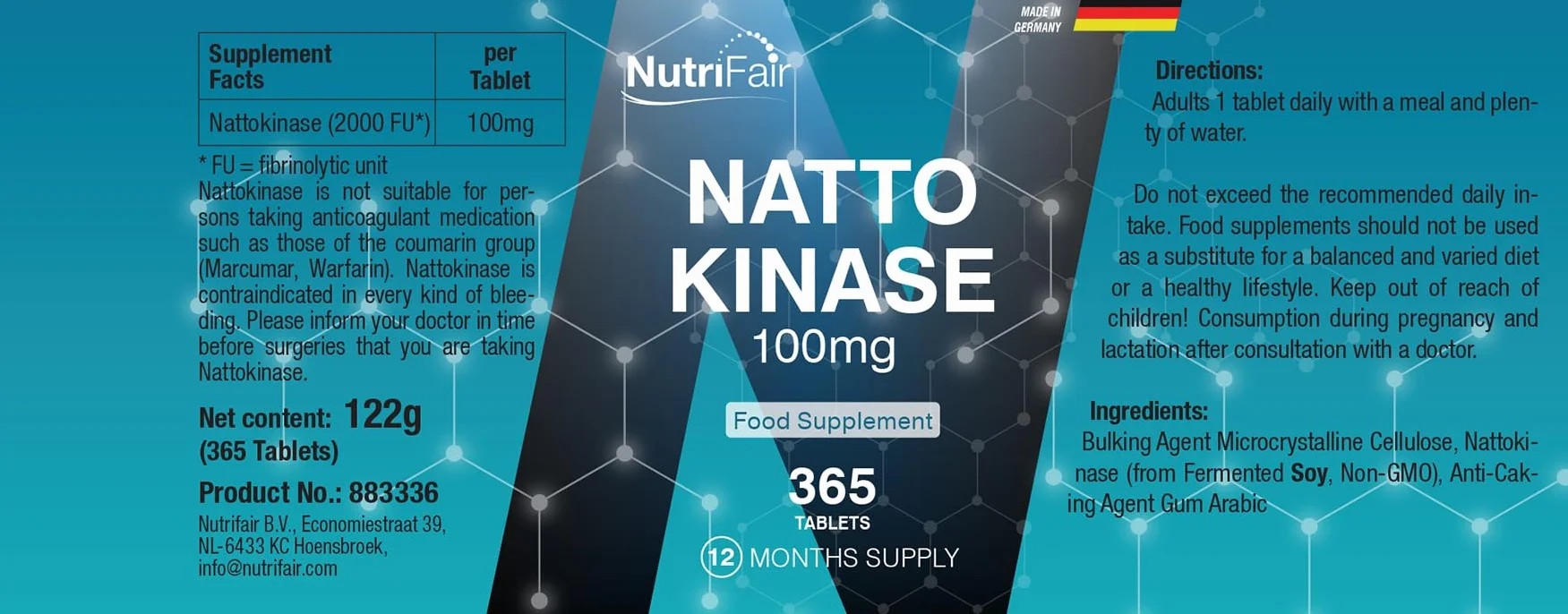 Nattokinaza 100mg (20.000 FU/g) – 365 tabletek – enzym natto – wysoka dawka – 100% wegański – produkcja i badania laboratoryjne w Niemczech – NutriFair | Premium & Fair