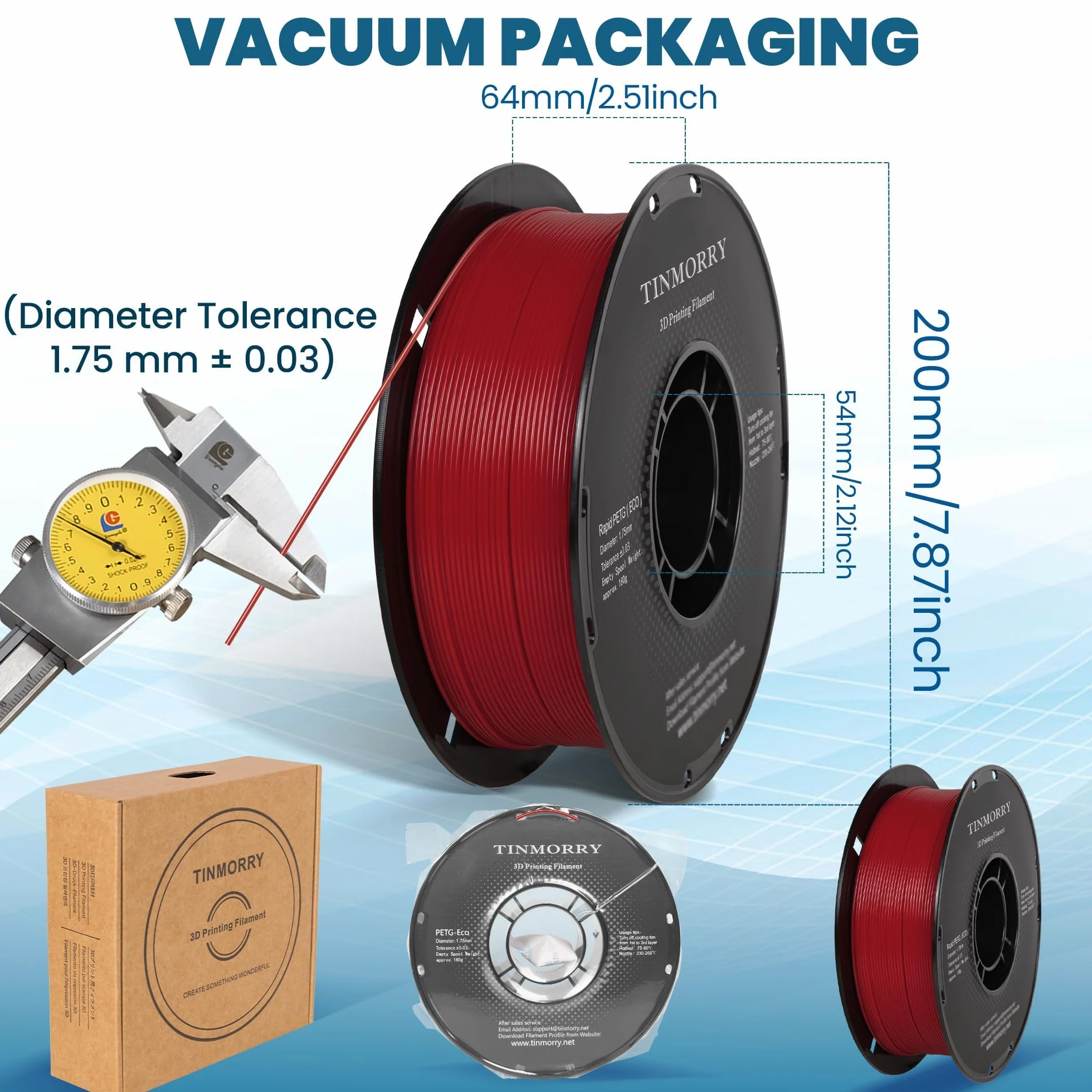 Filament PETG 1.75 mmm, TINMORRY Szybki filament PETG-Eco do druku 3D, Kompatybilny z większością drukarek 3D FDM, 1 KG 1 szpula, Ciemnoczerwony