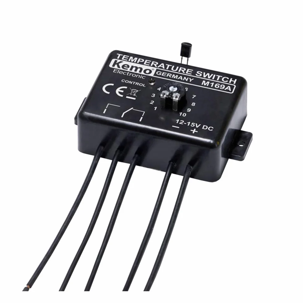 Kemo M169A regulowany elektroniczny przełącznik temperatury termostat 12 V/DC. Zakres przełączania temperatury 0-100°C. Możliwe połączenie z elektroniką sterującą